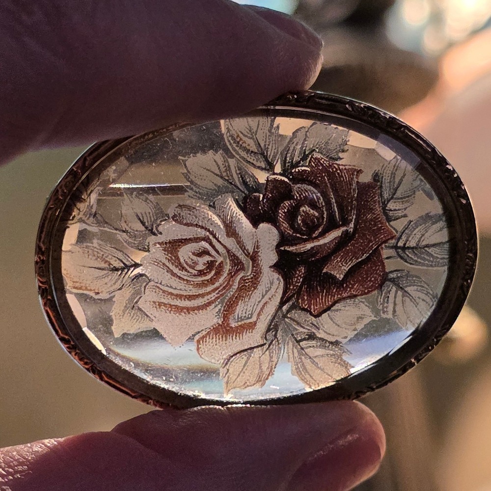 Vintage Reverse Painted Glass Rose Cabochon‎ Brooch Gold Tone 2"